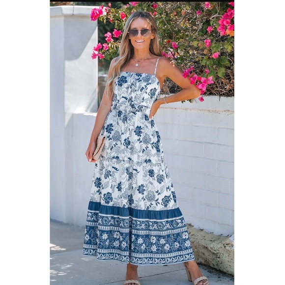 Vici Dresses & Skirts - Cupshe Floral Maxi Dress Womens M Blue White Ruched Slip Boho NEW